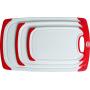 CC Boards 3-Piece Nonslip Cutting Board Set: Red and white plastic kitchen carving boards, each with juice groove and nonskid handle; dishwasher safe