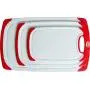 CC Boards 3-Piece Nonslip Cutting Board Set: Red and white plastic kitchen carving boards, each with juice groove and nonskid handle; dishwasher safe