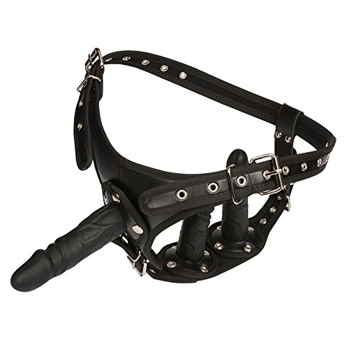 Strap On With Three Removable Dildo Black Leather Wearable Silicone Dildo Sex Toy for Women