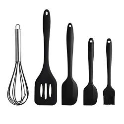 Jdeepued Silicone kitchenware 5-Piece Black Silicone Baking Set Durable Silicone Heat Resistant 446°F Seamless Non-Stick Kitchen Mixing Cooking Baking Utensils Black Silicone Kitchen Utensils