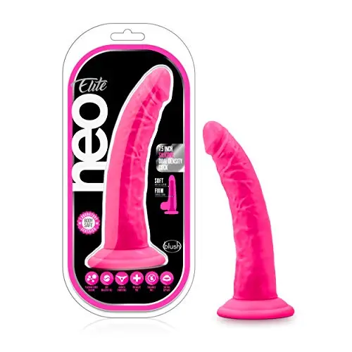 Blush Neo Elite 7.5 Inch Silicone Dual Density Dildo, Suction Cup Harness Compatible, Sex Toy for Women, Neon Pink