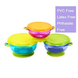 PandaEar Stay Put Spill Proof Stackable Baby Suction Bowls 3 Sizes for Toddlers with Silicone Feeding Utensils and Secure Lids BPA Free