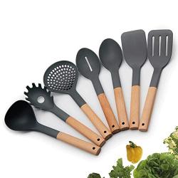 Jdeepued Silicone kitchenware Silicone Kitchen Utensils 7-Piece Cooking Utensils Set with Bamboo Wood Handles for Nonstick Cookware Black Silicone Kitchen Utensils (Color : Black, Size : 7 Piece Set)