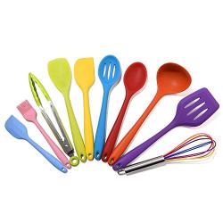 Cooking Spoon Shovel Silicone Cooking Kitchenware Set 10 Piece Set Non-Stick Shovel Colander Egg Beater Food Clip, multicolor