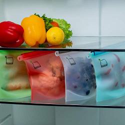 Reusable Silicone Food Storage Bags, Sandwich, Sous Vide, Liquid, Snack, Lunch, Fruit, Freezer Airtight Seal, Versatile Preservation Bags, 4 Pack Freezer Containers 30 Oz / 1000 ml