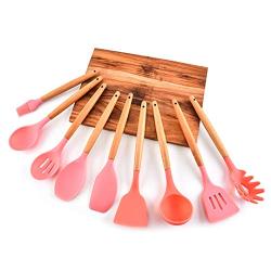 Hjyi Kitchen Cooking Wooden handle silicone Kitchenware nine pieces set non-stick pot cooking shovel set high temperature resistant kitchen utensils