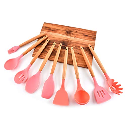 Hjyi Kitchen Cooking Wooden handle silicone Kitchenware nine pieces set non-stick pot cooking shovel set high temperature resistant kitchen utensils