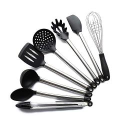 Cooking Tool Sets - 8 Piece Utensil Set Stainless Steel And Black Silicone Modern Nonstick Utensils Cooking - Sets Tool Cooking Cooking Tool Sets Kitchen Spatula Cook Stainless Steel Utensil Sil