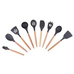 Prettyia Silicone Kitchen Utensil Set with Wood Handle Portable Heat Resistant Non-Stick Cooking Tools Set Home Outdoor Kitchen Gadgets