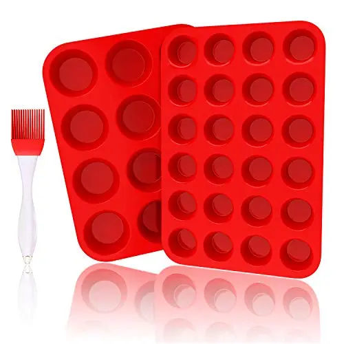 Silicone Muffin Pan Set - 12 Cups & 24 Cups Cupcake Pan with Free Cleaning Brush, Food Grade Silicone Baking Molds, BPA Free