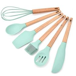 ALLCIAA 7 Piece Nonstick Spoon Spatula Special Set Stainless Steel Pot High Temperature Protection Kitchen Spoon Drain Silicone Measuring Spoon for Kitchenware (Color : Green)