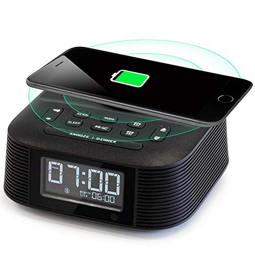 Homtime Wireless Charging Alarm Clock Radio with Dual Alarm, Bluetooth Speaker, Fast Charger, USB Port to Charge Any USB Device, Sleep Timer and Dimmable LCD Display for Bedrooms(Black)