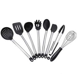 Kitchenware Utensils Set 8 Piece Premium Silicone Stainless steel Heat Resistant Non-Stick Cooking Professional Tools Black