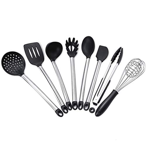 Kitchenware Utensils Set 8 Piece Premium Silicone Stainless steel Heat Resistant Non-Stick Cooking Professional Tools Black