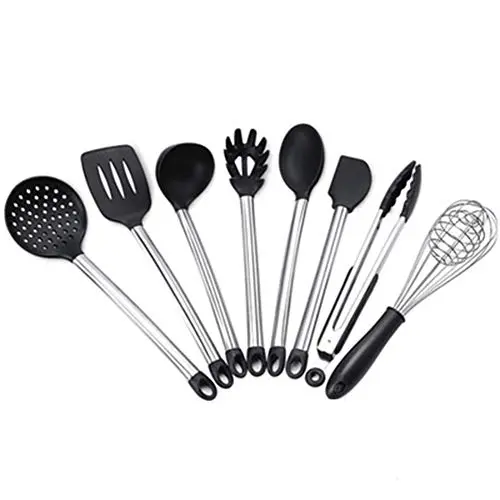 Kitchenware Utensils Set 8 Piece Premium Silicone Stainless steel Heat Resistant Non-Stick Cooking Professional Tools Black