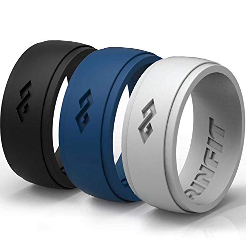 Rinfit Silicone Wedding Ring for Men 3 Rings Pack - Designed, Safe, Soft, Silicone Rubber Mens Band- Set of Black, Blue, Gray - Comes with a Gift Box. Sizes 7-14