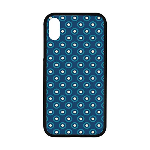 Navy and White Rubber Phone Case,Circles with White Polka Dots Ancestral Folk Evil Eye Style Tile Compatible with iPhone XR