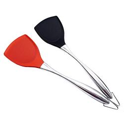 Hjyi Silicone Kitchen Utensils Set High temperature non-stick pot spatula fried vegetables nylon silicone spatula kitchenware long handle protection spatula (2 pieces set black and red)