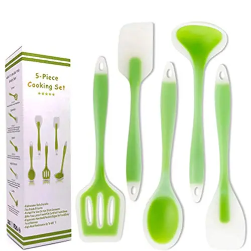 Kitchenware Utensils Set 5 Piece Premium Silicone Heat Resistant Non-Stick Cooking Professional Tools Fruit green + Transparent Outline