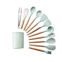 ihjg8h Kitchen Utensil Set, 11Pcs/Set Light Green Color Silicone Kitchenware Set with Wooden Handle 12.5x12.5x33.5cm