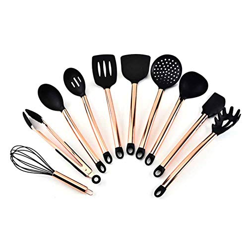 IMCROWN Silicone Cooking Utensils Set,11PCs Copper Plated Handle Silicone Kitchenware Nonstick Cooking Shovel Spoon Kitchen Tool Set Silicone Cooking Kitchen Utens