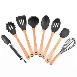 Best Design 8 Piece Set Wooden Handle Silicone Kitchenware Non Stick Pan Special, Silicone Baking Utensils - Yellow Kitchen Utensils, Silicone Coated Kitchen Utensils, Wooden Spoons