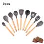 Silicone Cooking Utensils, 9pcs Nonstick Kitchenware with Wooden Handle for Home Restaurant Hotel Grey