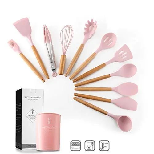 JunbosiKitchenware Solid Wood Handle with Storage Bucket Pink Silicone Kitchenware 11 Piece Set