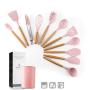 JunbosiKitchenware Solid Wood Handle with Storage Bucket Pink Silicone Kitchenware 11 Piece Set