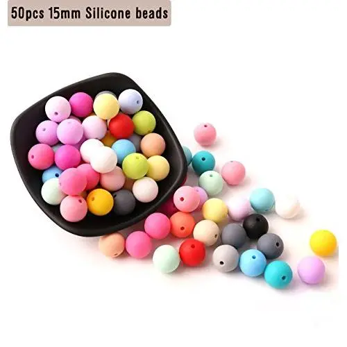 Mix Silicone Bead 50pcs 15mm DIY Kit Set Baby Pacifier Clips Chewable Bead Baby Teether Toys BPA Free Nursing Teething for Necklaces Bracelets and Crafting