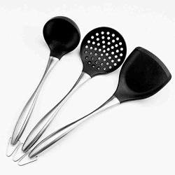 Hjyi Silicone Kitchen Utensils Stainless steel Silicone kitchenware non-stick pot special long handle Chinese shovel spoon filter spoonful (3-piece set)