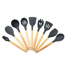 MENGSHI 9pcs Silicone Kitchenware Set, Wooden Kitchen Utensil Sets,Storage Tube Furniture Kitchen Utensils Spatula Soup Spoon