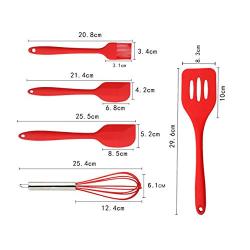 5 Piece Set of Silicone Kitchenware, Non-Stick Coating, Dishwasher Safe Kitchen Set, Cooking Spoon Shovel Whisker Brush Easy To Clean, red