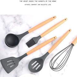 Jdeepued Silicone kitchenware 11 Pieces Silicone Cooking Utensils Kitchen Utensil Set Beech Wood Handles Cooking Tools for Nonstick Cookware Black Silicone Kitchen Utensils