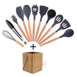 MEIGONGJU 11-PCS Kitchen Utensils Set Silicone with Holder Spoon Turner Tongs Spatula Cooking Utensil Tools Sets Wood Cookware Kitchenware,C