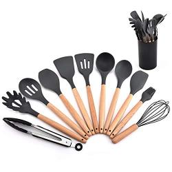 Silicone Cookware Set, 11 Non-Stick Heat-Resistant Silicone Kitchenware, Wooden Handles, Best Kitchen Tool Gadgets, Suitable for Cooking