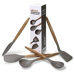 Miusco 5 Piece Silicone Cooking Utensil Set with Natural Acacia Hard Wood Handle