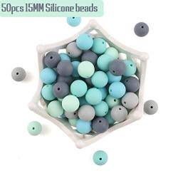 HAO JIE Baby Silicone Teething Beads 15MM 50pcs BPA Free Food Grade Teething Beads Green and Grey Series DIY Jewelry Chewable Nursing Necklace Accessories