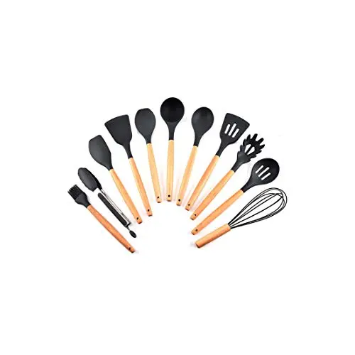 11Pcs Kitchen Cooking Tool Sets Silicone Wooden Handle Kitchenware Set High Temperature Resistance Household,A