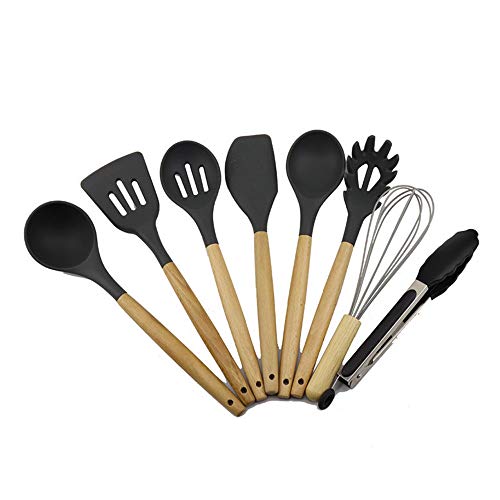 Kitchen Utensil Silicone Kitchenware Set With Wooden Handle 8 Sets Of High Temperature Resistant Cooking Spatula Spoon Eggbeater Food Clip Best Silicone Kitchen Utensils Tools Gifts