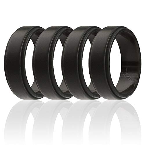 ROQ Silicone Wedding Ring for Men, 4 Packs & Singles Silicone Rubber Wedding Bands - Step Edge Sleek Design - Metallic, Black and Camo Colors