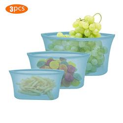 2019 Upgraded Zip on Top 3 Pcs Silicone Food Bag Silicone bowl Preservation Storage Container Endlessly Reusable, Food Grade Storage Bag Vegetable Meat Milk for Freeze Steam Heat Freezer Dishwasher