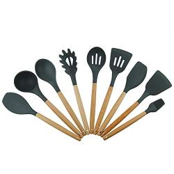 Kitchenware Silicone Kitchen Utensils, Wooden Handle Silicone Kitchenware Set of 9 Sets, Non-Stick Cookware Soup Spoon Colander Kitchen Utensils, 9-piece set