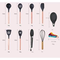 Silicone Kitchen Utensils, Silicone Wooden Handle 12 Sets of Non-Stick Heat-Resistant Kitchenware Set with Measuring Spoons and More Kitchen Gadgets