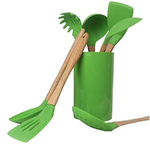 Kitchen Gadget Set 7 Piece Silicone Kitchen Utensil Set Wooden Handle Silicone Kitchenware Nonstick Pan Set, green
