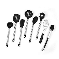 Kitchen Utensil Set,8Pcs Stainless Steel Cooking Tools Nonstick Non-Scratch Heat Resistant Silicone Kitchenware Set - Black