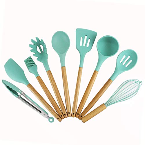 Gwjs Silicone Wooden Handle Kitchen Utensils, Non-stick Spatula Cooking Utensils Kitchen Gadgets Kitchenware-nine-piece Set 32.5cm(12.8inch)