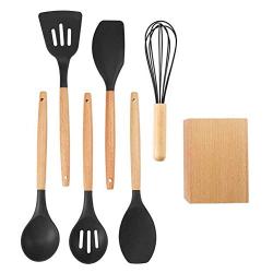 MeterMall Wood Handle Non-Stick Pan Silicone Kitchenware Set Cooking Tools Six-Piece Wooden seat