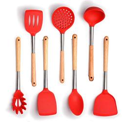 JunbosiKitchenware Silicone Kitchenware with Wooden Handle Non-Stick Silicone Kitchen Tool Shovel Spoon Set Shovel Spoon Kitchen Set