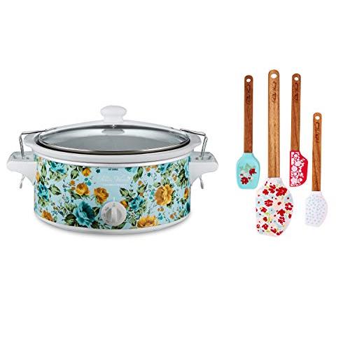 The Pioneer Woman| 6-Quart| Portable Slow Cooker| Rose Shadow by Hamilton Beach| bundle with The Pioneer Woman Garden Party Silicone Spatula and Mini Spatula Set| 4-Pack| Teal|